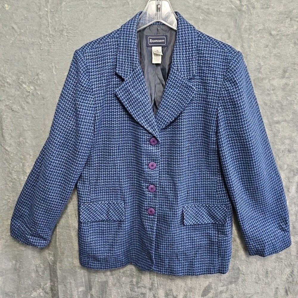 Requirements Women's Sz 14 Blue Houndstooth Blazer Jacket Wool Blend